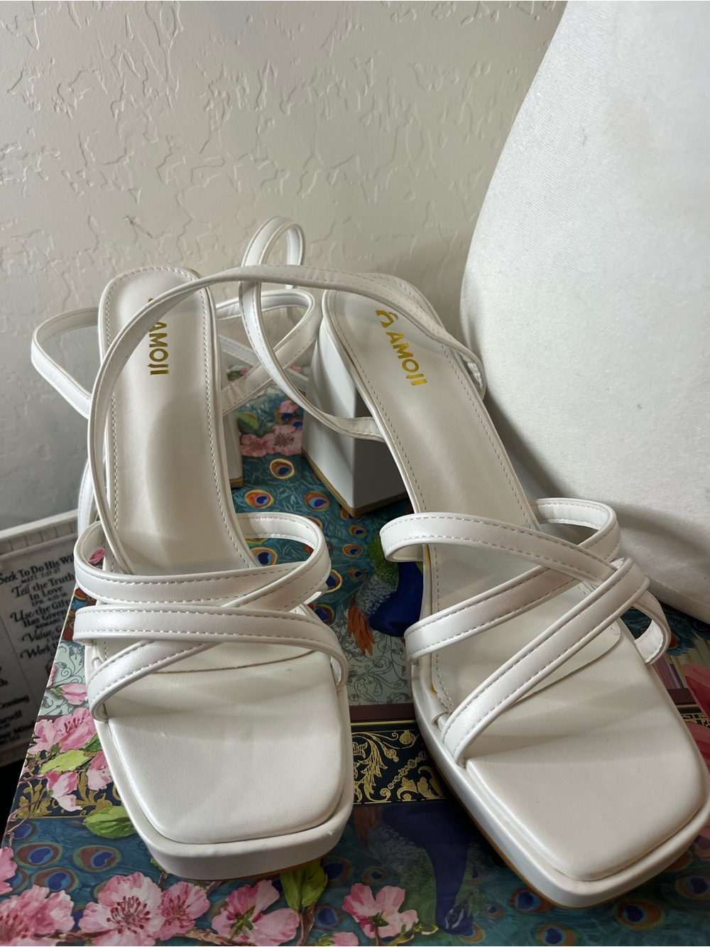 White Strappy Square-Toe Block Heel Sandals